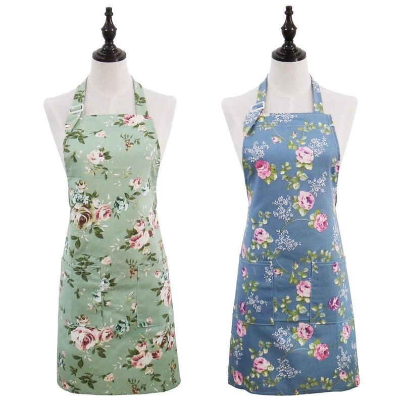 Saukore Floral Aprons for Women, 2 Pack Kitchen Aprons with Pockets for Cooking Baking, Gardening Apron Gifts for Gardeners, Birthday Thanksgiving Christmas Apron Gift for Wife Mom Sister Daughter Grandma - Image 1